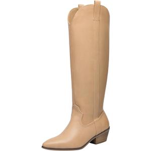 festooning Women's Knee High Boots Pointed Toe Inner Zipper Western Cowboy Boots Pull On Chunky Heel Wide Calf Tall Boots for Ladies (7.5, Beige)