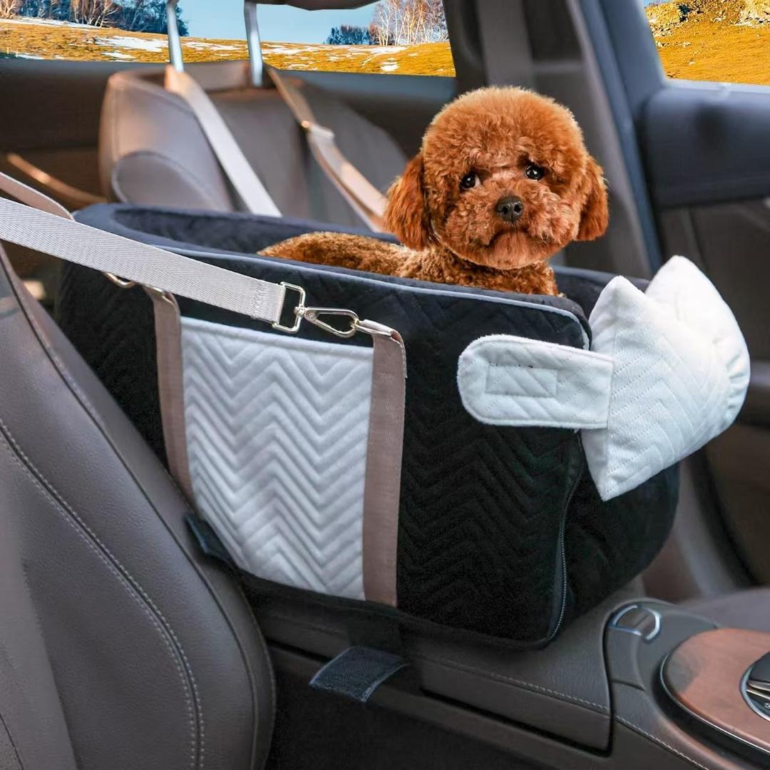 Dog Car Seat for Small Dogs, Portable Center Console Dog Car Seat, Pet Booster Seats with Safety Belt and Soft Cushion, Pet CarSeat for Dogs and Cats Under 15 lbs,Black