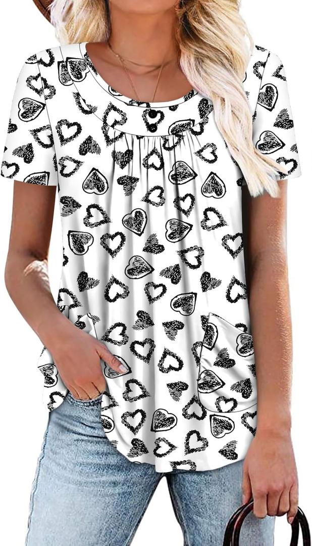 Angerella Women Tunic Tops Dressy Casual Summer Short Sleeve Shirts Floral Loose Fit Pleated Boho Top S-3XL