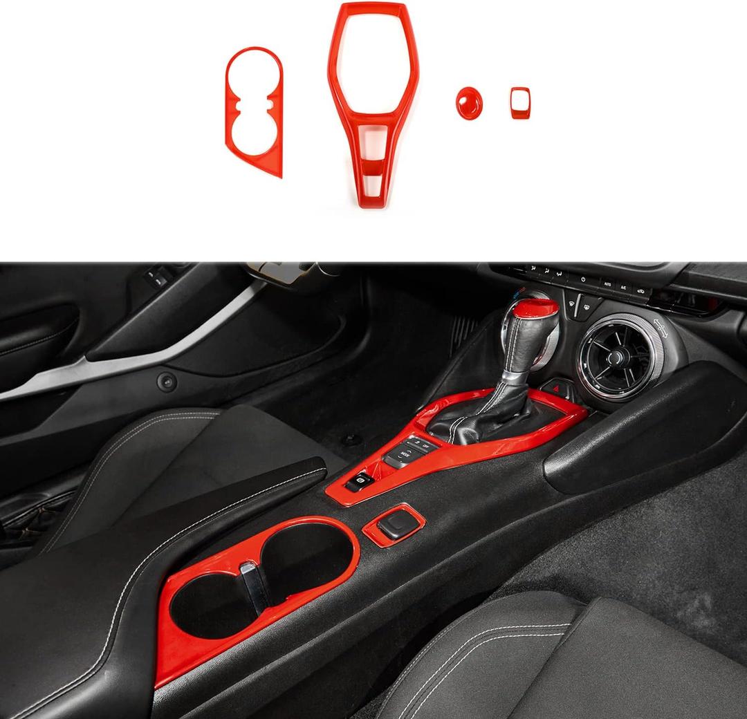 for Camaro Gear Shift Panel Trim, 4PCS Center Console Cup Holder Cover Cigarette Lighter Decoration Frame Compatible with 2017-2023 Chevrolet Chevy Camaro Interior Accessories, Red