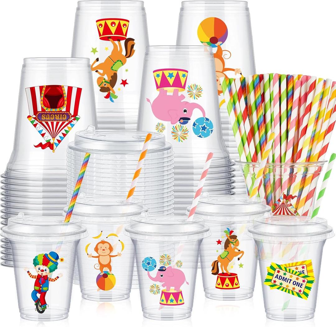 FoldTier 60 Set Circus Carnival Party Plastic Cups Bulk 14 oz Disposable Clear Cups with Lids and Paper Straws for Circus Carnival Theme Party Birthday Supplies Favor Decorations (Multicolor)