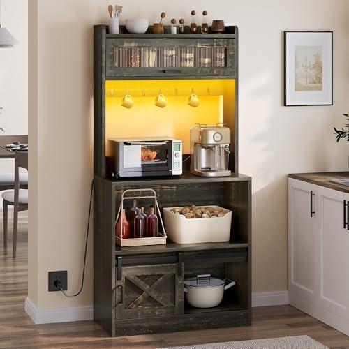 YITAHOME Bakers Rack with Power Outlet and Storage Farmhouse Microwave Stand with LED Lights Heavy Duty 5-Tier Coffee Bar Cabinet Station with 7 Hooks for Kitchen Dining Room Living Room Brown