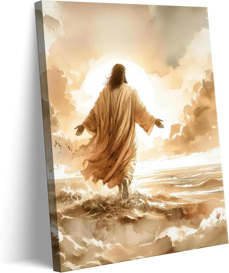 Jesus Walks On Water Canvas Wall Art Jesus On Water Sauntering Wall Decor Picture Christian Art Bible Poster Print Painting for Living Room Bedroom Church Home Decorate Ready To Hang (16L" x 12W"-canvas)