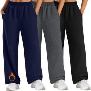 3 Pack Women's Plus Size Fleece Sweatpants Thermal Wide Leg Elastic Baggy Jogger Warm Pants Winter with Pockets (5X-Large, Black, Dark Gray, Navy Blue)