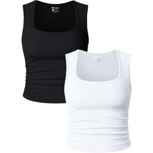 OQQ Womens 2 Piece Crop Tops Rueched Sleeveless Square Neck Stretch Basic Tank Shirts (X-Large, Black,white)