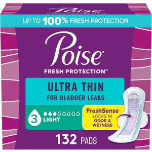 Poise Ultra Thin Incontinence & Postpartum Pads with Wings for Bladder Leaks, 3 Drop Light Absorbency, Regular Length, 132 Count, Packaging May Vary