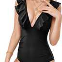 TcIFE Women's One Piece Swimsuits Tummy Control Ruffle V-Neck Push Up Monokinis Bathing Suits for Women (Medium, 1-1 Black)