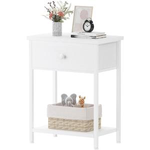 White Nightstand with Fabric Drawer, Night Stand with Open Shelf for Dorm Bedroom End Table Modern