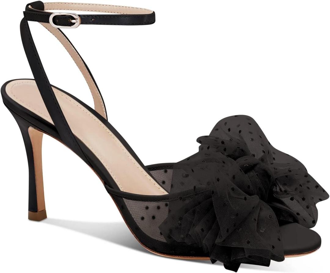 Coutgo Womens Bow Tie Heels Sandals Slingback Peep Toe Wedding Heels Mesh High Stiletto Heel Summer Cute Wedding Bridal Shoes (10, Black)