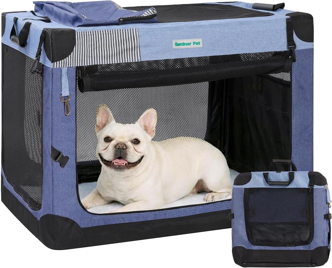 Gardner Pet Soft Collapsible Dog Crate - 26 Inch Portable Travel Dog Crate for Puppy/Small Dogs Indoor & Outdoor, 3-Door Pet Crate with Durable Mesh Windows & Storage Bag, Blue