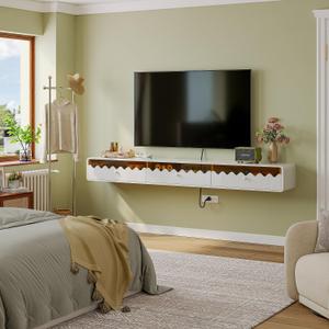 55'' Floating TV Stand with Glass Drawers and Door, Wall Mounted TV Console,Stylish Floatting Entertainment Center Media Console Under TV Shelf for Living Room Bedroom,Fully-Assembled