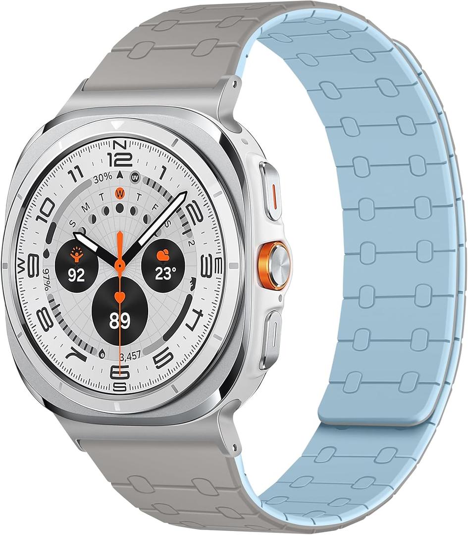 Amizee No Gap Band Compatible with Samsung Galaxy Watch Ultra (2025/2024) Band 47mm, 22mm Magnetic Sport Silicone Strap for Women Men, Khaki/L-Blue