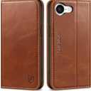 SHIELDON Case for iPhone 16e 6.1", Genuine Leather Wallet Magnetic Cover RFID Blocking Card Slot Kickstand Shock-Absorbent TPU Phone Holder Case Compatible with iPhone 16e 2025 5G - Retro Brown