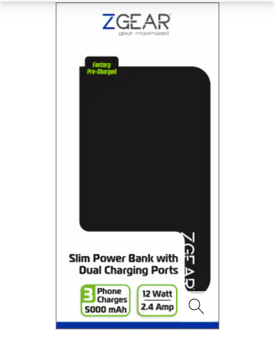ZGear 5000 mAh Slim Dual Charging Port Power Bank - Black