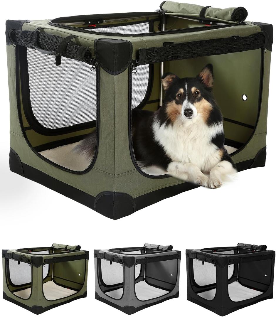 24 Inch Collapsible Travel Dog Crate for Medium Large Dogs, Portable Dog Crate 4-Door Foldable Soft Kennel with Chew-Proof Mesh Windows for Indoor & Outdoor Travel,with Storage Bag,Green