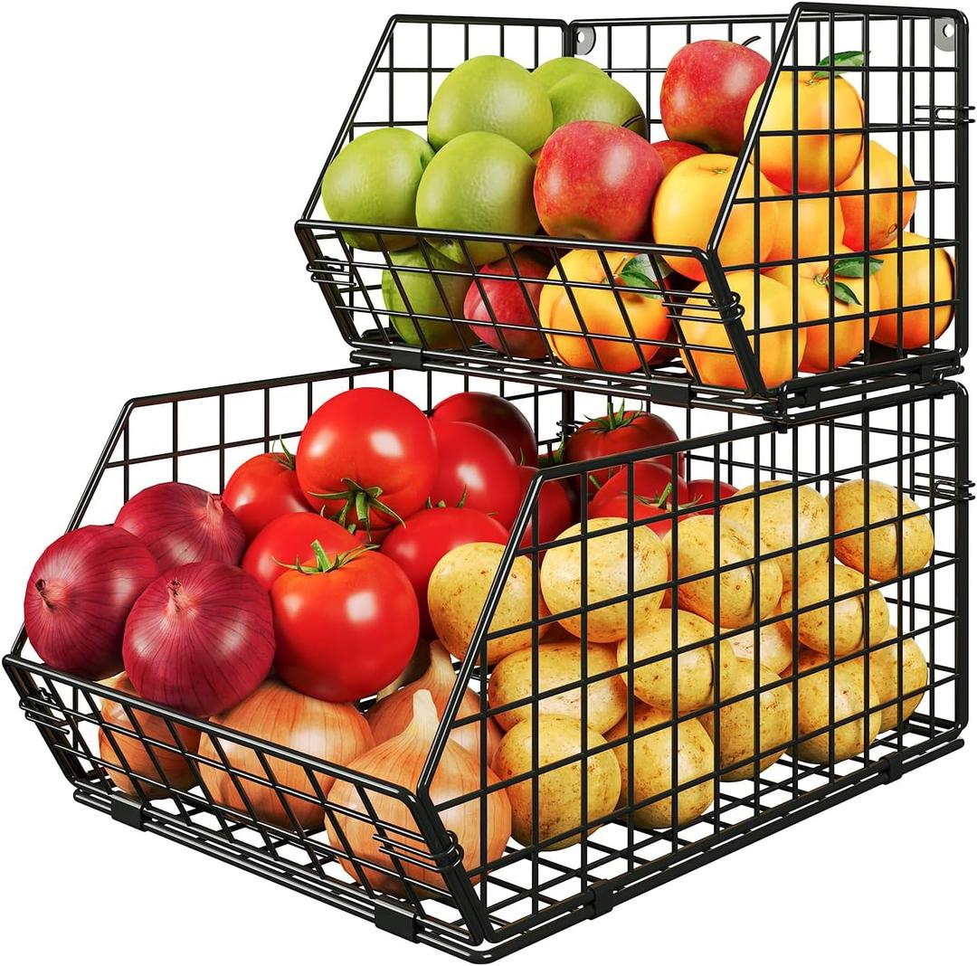 2 Tier Stackable Wire Basket-Kitchen Counter, Pantry Organization and Storage - Cabinet, Countertop Space Saving Organizing - Produce, Fruit, Vegetable,Onion, Potato, Bread Organizer Bin (Large, Black)