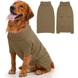 Dog Sweater Turtleneck Pullover Cable Knit for Boys Girls Large Dogs Bulldog Pitbull Labrador Doberman Winter Stretch Clothes Long Sleeves (XXL, Brown)