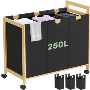 Homykic 250L Laundry Sorter Cart with Wheels, 3-Section Rolling Laundry Basket with Removable Bags, 66 Gal Large Laundry Hamper Organizer, Heavy Duty Bamboo Frame, Water-Resistant, Black, 35.24" x 17.52" x 35.43"