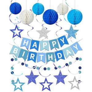 Blue Happy Birthday Decorations, Happy Birthday Banner with Honeycomb Balls, Stars Hanging Swirl Streamers, Dots Garland, Party Decorations for Men Boys Women Girls