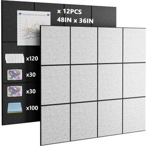 Large Cork Board Alternative 48"x36" 12-Pack Felt Wall Tiles w/Damage-Free Removable Adhesive Tabs, Cork Tiles Alternative Cork Boards for Walls Cord Board, Office Pin Board w/Versatile Pins