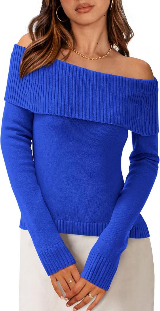 PRETTYGARDEN Off The Shoulder Sweater for Women 2026 Fall Fashion Cute Long Sleeve Tops Winter Ribbed Pullover Knit Outfits (M)