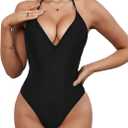 Sexybody Women' s One Piece Sexy Swimsuits Halter Tie Back V Neck Low Back Bathing Suit Ruched Butt High Cut Swimsuit Thong (Black, L)
