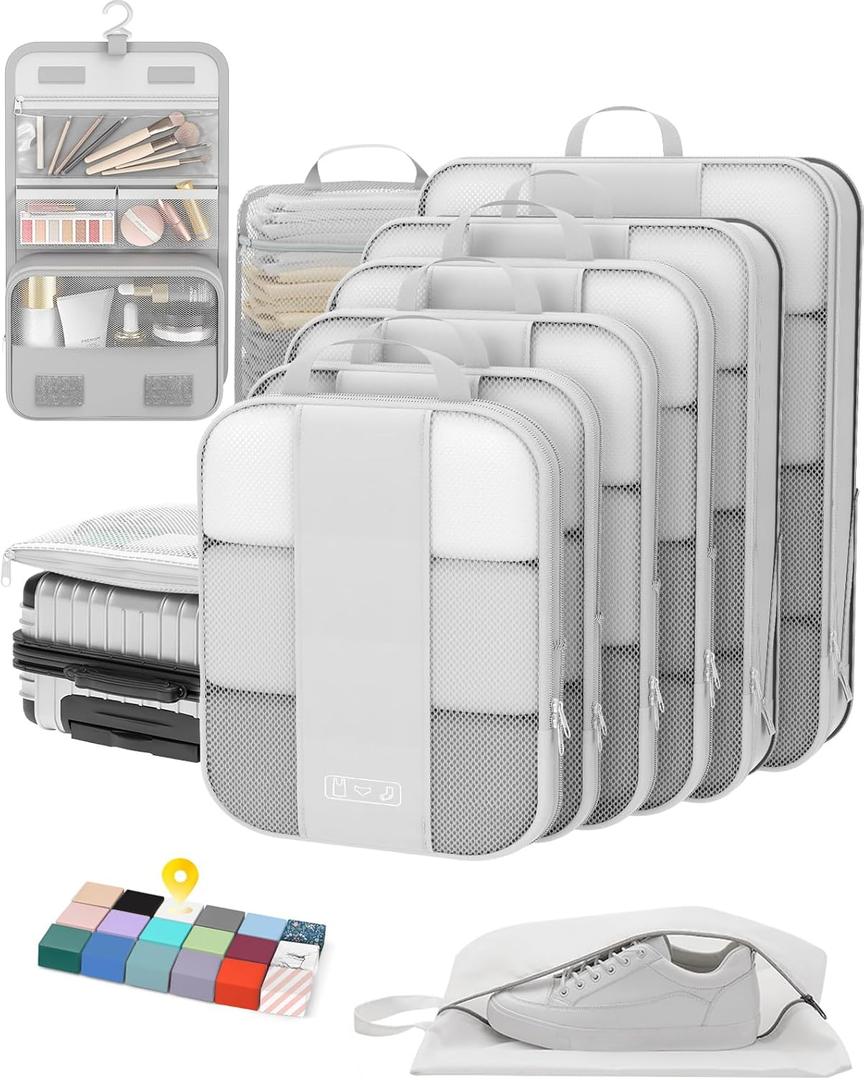 10 Set Compression Packing Cubes for Travel Essentials, Compressible Expandable Packing Cubes for Suitcase, OlarHike Luggage Organizer Bags for Travel, Handy Helper for Organizing Clothes(White)