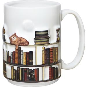 Full-Wrap Embossed 3D Book Mugs For Book Lovers Gifts For Readers Women 3D Bookshelf Mug 15Oz - A Library Shelf Cup, Cat Mugs For Cat Lovers Women And Men, Love Cats Mug Gift For Writers And Authors