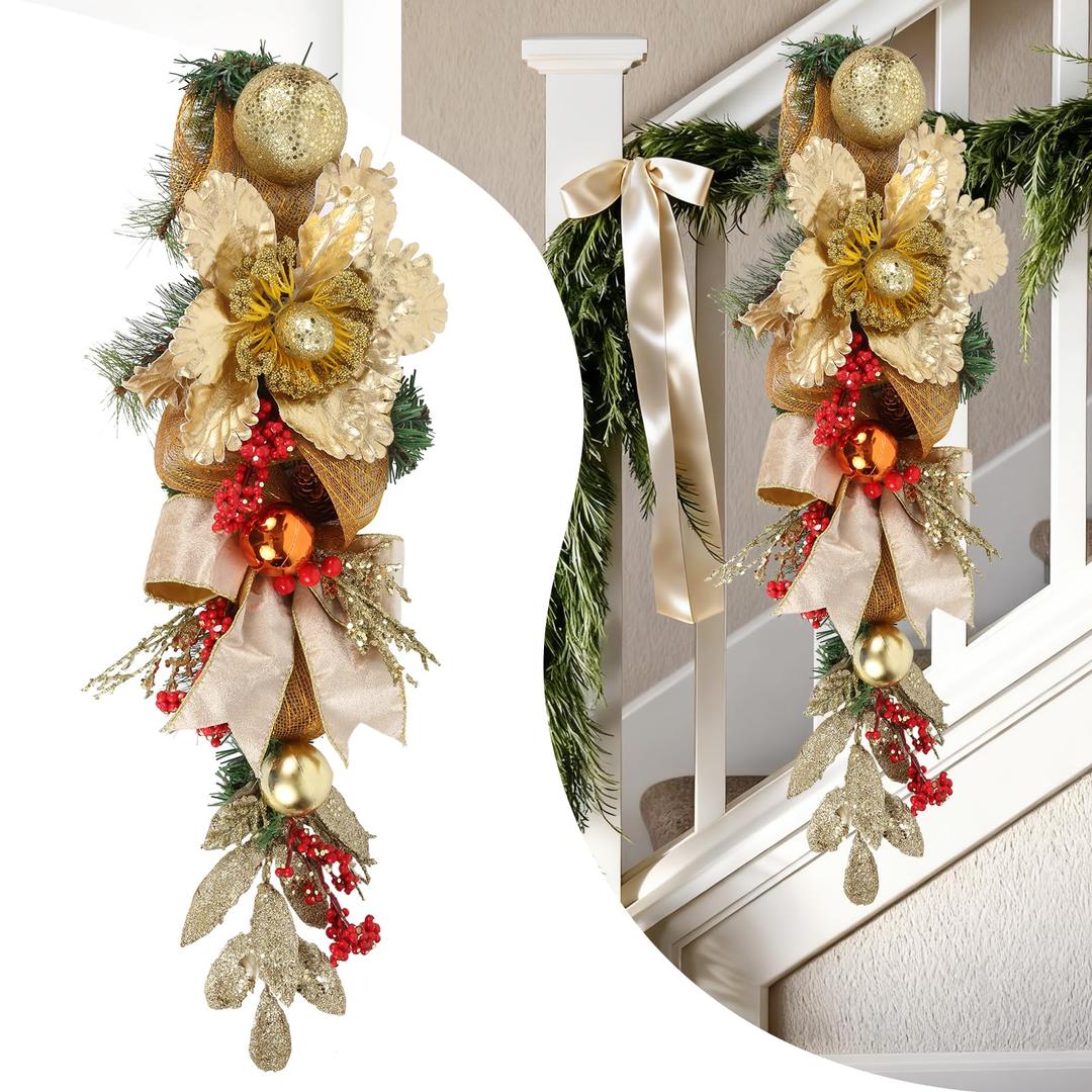 UUXX Pink Christmas Swag with Glitter Poinsettia, Silver Leaves, Pinecones, Ornaments and Ribbon Bow – 25.5" Christmas Teardrop Swag Artificial Wall Door Hanging Holiday Decoration