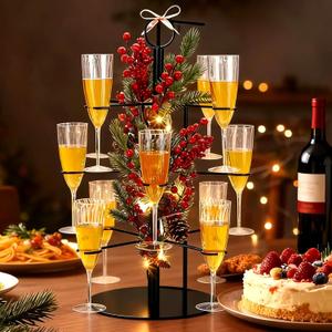 Acellegic 3 Tiers Christmas Black Cocktail Tree Stand with 12 Holders 12 Pcs 10 oz Wine Glass Tree Drink Holder Display Tower with Light Pinecone Branch for Party Champagne Bar Bridal Shower Wedding