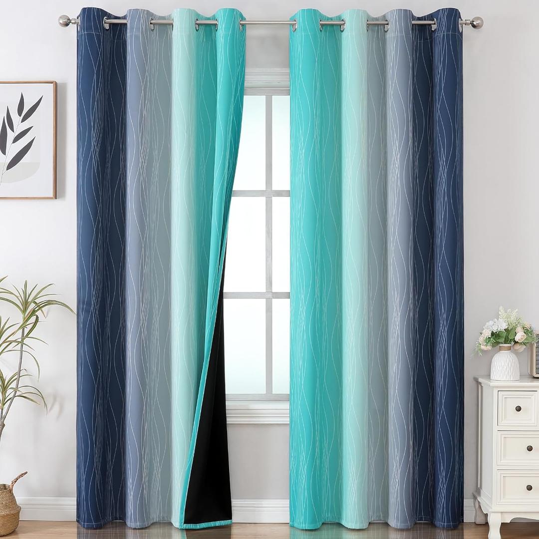 Estelar Textiler Navy Blue and Teal Gradient Blackout Curtains for Bedroom, Thermal Insulated Ombre Blackout Drapes, Full Light Blocking Energy Saving Curtains for Living Room,52Wx96L, 2 Panels