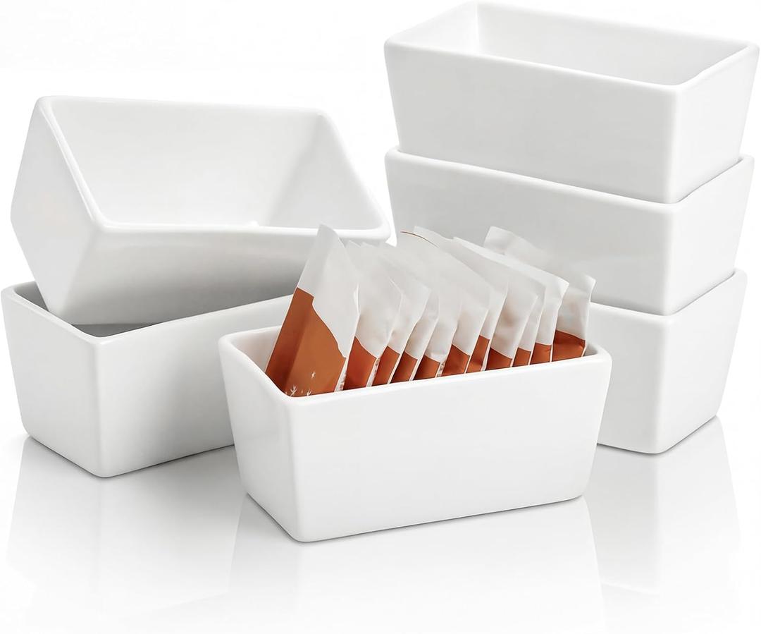 Elsjoy Set of 6 White Ceramic Sugar Packet Holders, 5 oz Porcelain Sweetener Packet Organizer, Sugar Bag Caddy Tea Packet Bowl for Countertop, Coffee Bar