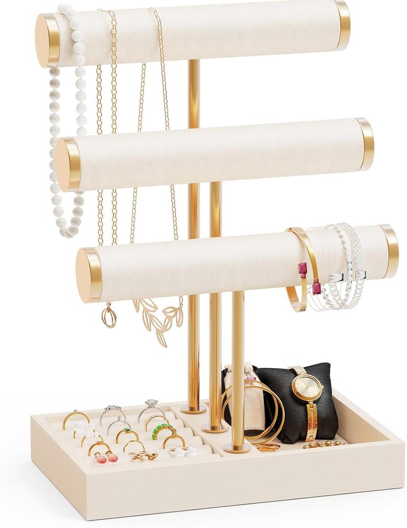 Abiglifty 3 Tier Necklace Holder Display, Jewelry Organizer, Jewelry Stand, Bracelet Display, Necklace Organizer, Bracelet holder, Jewelry Display for Necklace, Watches, Rings, Beige