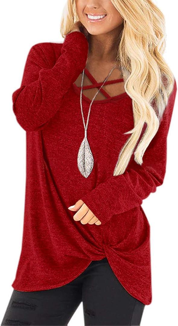 NIASHOT Womens Long Sleeves Tops V Neck Casual Fall Sweaters Shirts (Medium, 1-red)