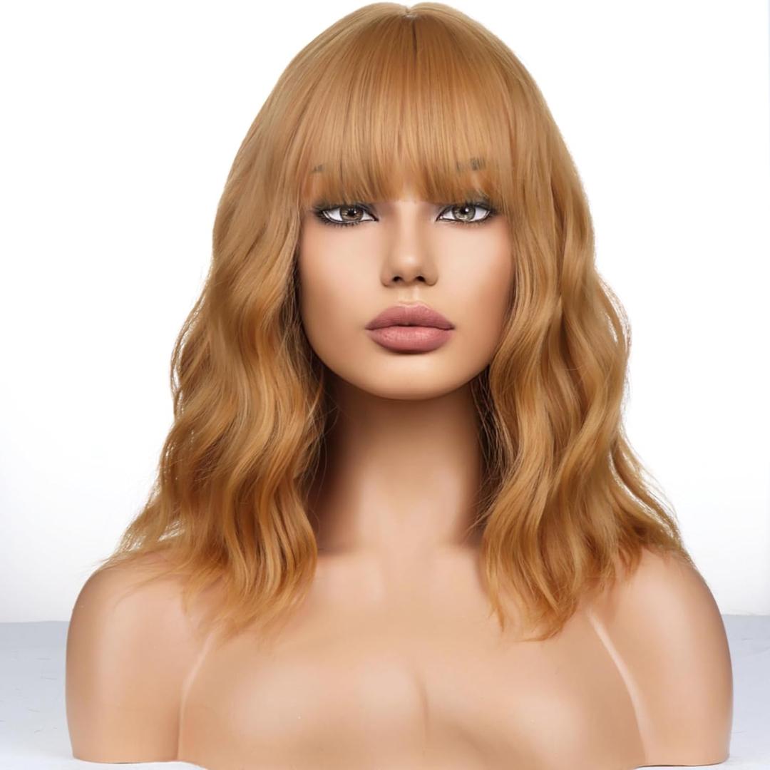 Strawberry Blonde Wigs for Women Girls Short Bob Wig Short Curly Wavy Strawberry Blonde wig With Bangs Heat Resistant Synthetic Wigs for Cosplay Costume Party