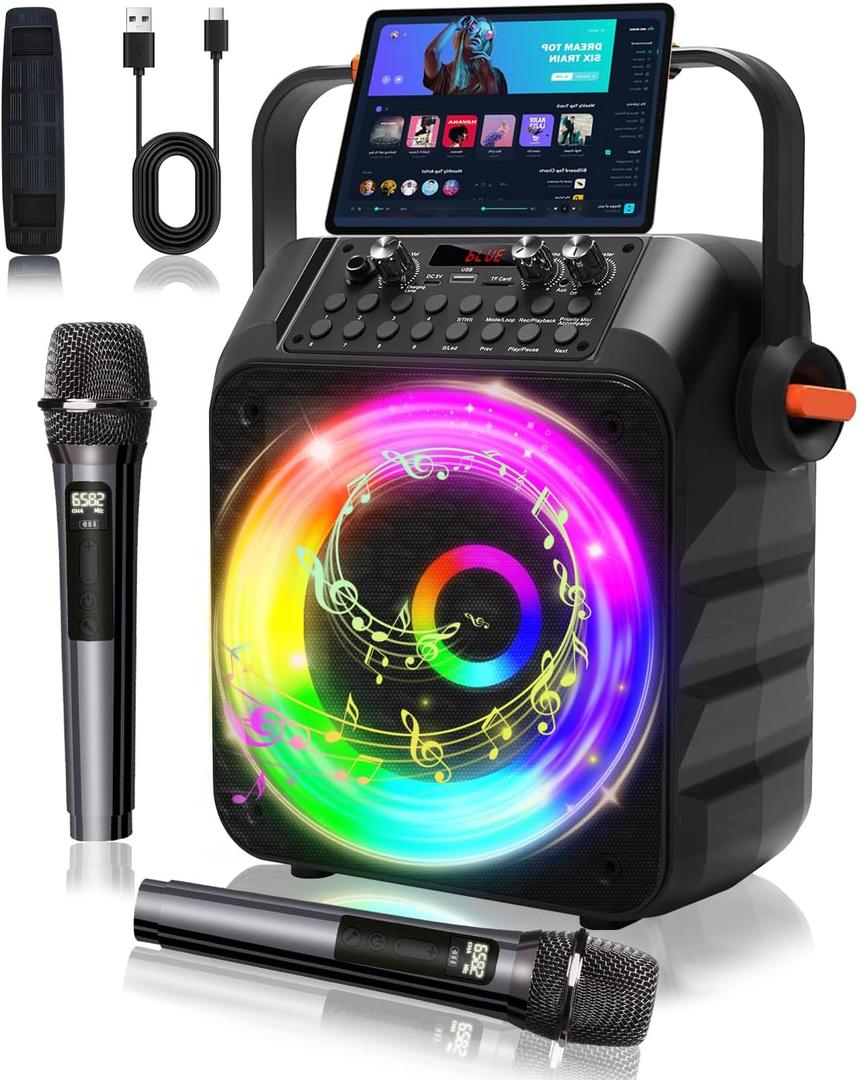 Karaoke Machine, Portable Karaoke System with 2 Wireless Rechargeable Microphones, 60W PA Speaker 6.5" Subwoofer, TWS, AUX, USB, TF, REC, TV, 7 Colourful Lights, for Home & Outdoor