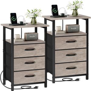 Vagusicc Nightstand Set of 2 with Charging Station, Bedside Table with USB Ports and Outlet, End Table Side Table with 3 Fabric Drawer and Storage Shelf, Bed Side Table Night Stand for Bedroom, Greige