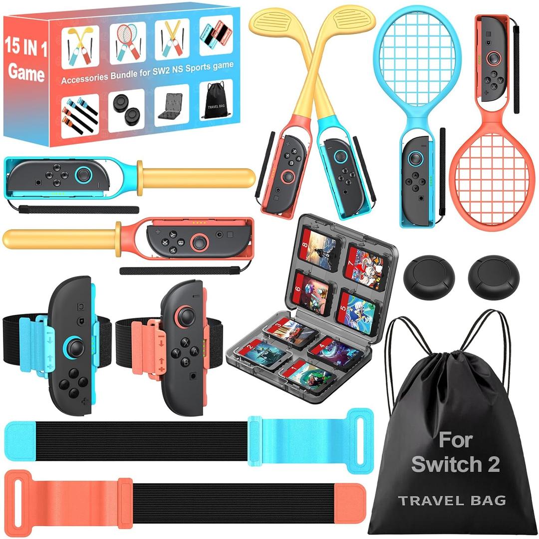 NinABXY For 2025 Nintendo Switch 2 Sports Accessories 15 in 1 Bundle, Designed for Switch Sports Games,Mario Golf Super Rush,Mario Tennis Ace,Just Dance,Ring Fit Adventure