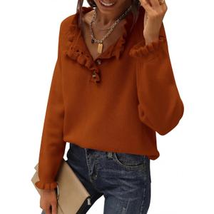 BTFBM Womens Sweaters Fall Winter Clothes 2026 Long Sleeve Button Down Ruffle Crew Neck Casual Knitted Pullover Tops (Orange, M)