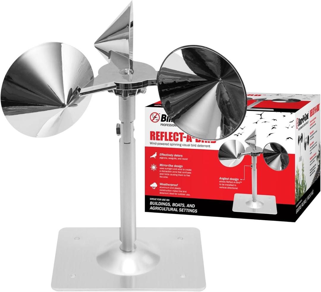 Bird B Gone - Reflect-A-Bird - Reflective Spinning Deterrent - Repels Pigeons, Sparrows, & Woodpeckers - Wind Powered - for Gardens, Railings, Roofs, Etc - Weatherproof Aluminum - Adjustable Neck (1 Pack)