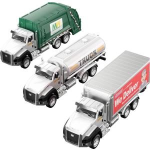 TEMI 3 Pack of Diecast City Transport Vehicles, Garbage, Tanker, Express Delivery, 1/50 Scale Metal Collectible Models With Opening Doors for Boys and Girls