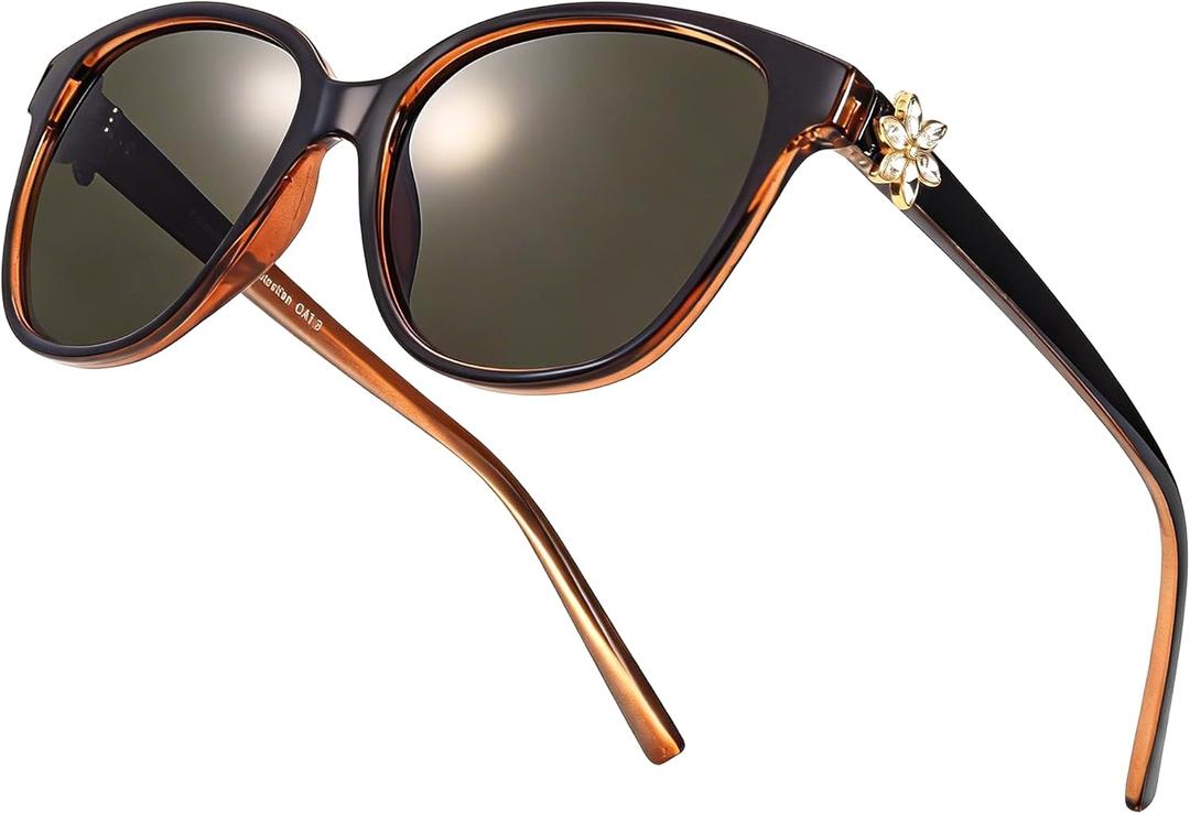 LVIOE Cat Eye Polarized Sunglasses for Women Trendy Classic Retro Shades with UV400 Protection for Driving Fishing LS1205 (A3 Black Brown/Grey)