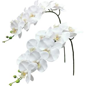 Fnize Orchid Stems Artificial Flowers Real Touch Latex Faux Phalaenopsis Branches 9 Large Blooms 38 Inches 2pcs White