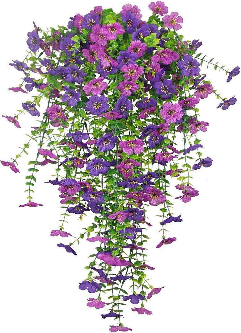 3 Pcs Artificial Hanging Flowers for Outdoors Spring Summer Purple Faux Silk Daisy Flowers UV Resistant Fake Plants Eucalyptus Realistic for Outside Home Indoor Planter Porch Garden Yard Decor