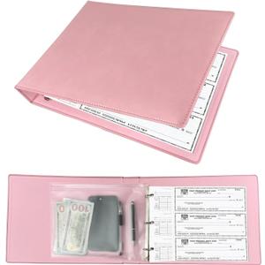 3 Rings Business Check Binder for End-Stub Deskbook Checks with 3 & 9 Holes, Faux Leather (11 1/4" x 9") in Pink