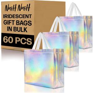 Nush Nush Iridescent Large Gift Bags Bulk - Set of 60 Reusable Holographic Gift Bags with Handles - Goodie Bags for Birthday Parties, Wedding, Small Business, Big Special Events - 13"W x 5"D x 11"H