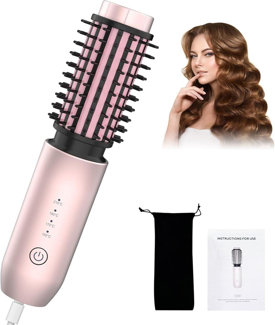Portable Curling Iron, Bestauty 1.5" Cordless Hair Curler, 2 in 1 Travel Hair Curler & Hair Straightener Brush, Quick Heating 4 Adjustable Temperature 300F-410F for Curl/Smooth/Fluffy/Flip-Out Pink