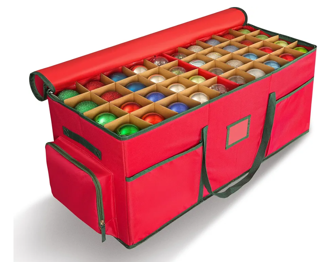 Christmas Ornament Storage Box -Up to 160 Holiday Ornaments with Adjustable Dividers & 6 Pockets Large Capacity Storage Container for Christmas Decorations Toys Gift Wrap Organizer