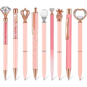 Janmini 9 Pcs Ballpoint Pens Set Metal Crystal Diamond Glitter Pens for Journaling Black Ink Pretty Cute Things Fancy Stationery Gifts for Women Girls Birthday Home Office Desk(Light Pink)