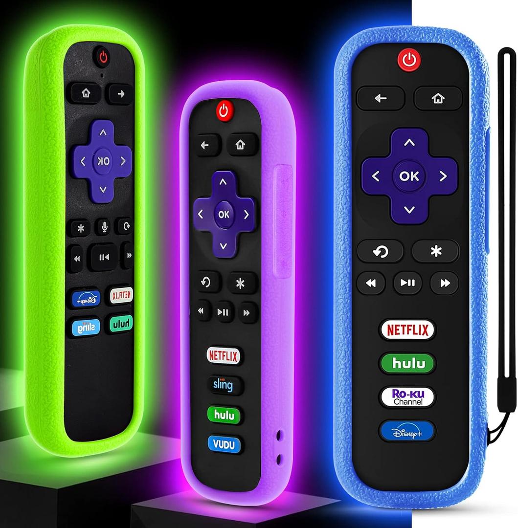 Wevove Case for Roku Remote Cover-3 Pack, Compatible with TCL Roku Smart TV Streaming Remote, Silicone Protective Controller Universal Sleeve, Glow in The Dark (Glow Green+Glow Purple+Glow Blue)